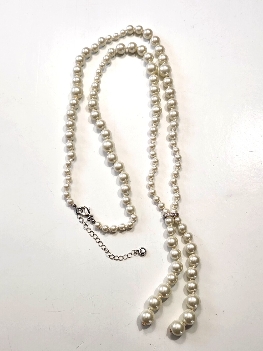 Lariat Style Glass Faux Pearl Necklace Hand Knotted Rhinestone Enhancer Classic